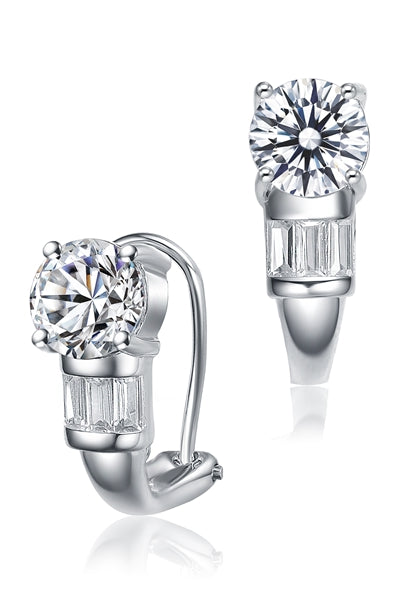 Round cut omega clip back Earrings. 2.60 Cts. T.W. set in Platinum Plated Sterling Silver.