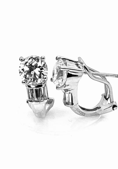 Round cut omega clip back Earrings. 2.60 Cts. T.W. set in Platinum Plated Sterling Silver.