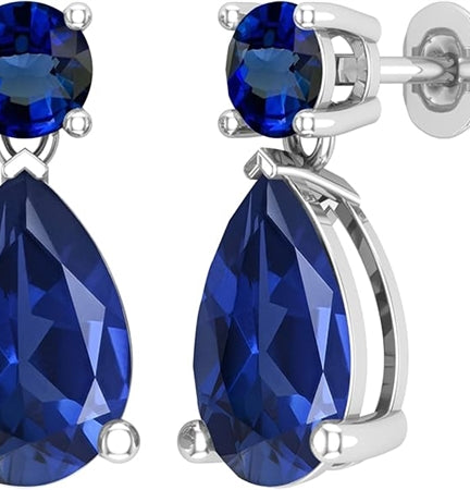 Tear Drop Earrings, 5.0 cts.each Sapphire essence dropping off from 1 ct. each Sapphire Essence stud set in Platinum Plated Sterling silver prong setting. 12.0 cts.t.w..