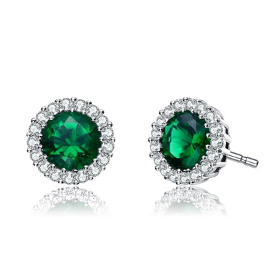 Diamond Essence Halo Setting Platinum Plated Sterling Silver Earrings, with 1 Ct. each Emerald Essence surrounded by Brilliant Melee, 2.25 Cts.T.W.