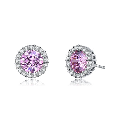 Diamond Essence Halo Setting Platinum Plated Sterling Silver Earrings, with 1 Ct. each Pink Essence surrounded by Brilliant Melee, 2.25 Cts.T.W.