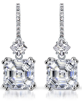 Diamond Essence Drop Earrings With Asscher Cut Stone,7 Cts.T.W. in Platinum Plated Sterling Silver.
