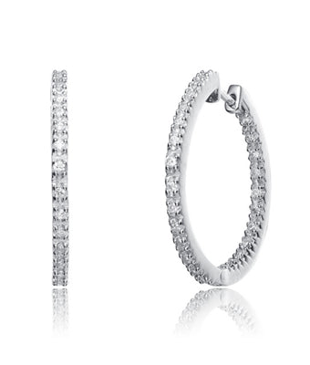 IN AND OUT . 2 '' Extra large hoop earrings, Diamond Essence round melee set in Platinum Plated Sterling Silver. 5.0 cts.t.w.
