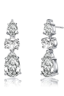 Diamond Essence Designer Drop Earrings With Pear Essence on the top and Oval Essence and Pear Essence Stones in Dangle setting , 8.0 Cts.T.W. in Platinum Plated Sterling Silver Earring. 7mm W x 17.5mm L