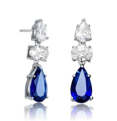 Diamond Essence Designer Drop Earring With Pear Essence on the top and Oval Essence and Sapphire Pear Essence Stones in Dangle setting , 8.0 Cts.T.W. in Platinum Plated Sterling Silver Earring. 7mm W x 17.5mm L
