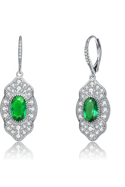 Diamond Essence leverback earrings, 3 carat each, emerald oval cut stone surrounded by melee. 5.0 cts. t.w. in Platinum Plated Sterling Silver.
