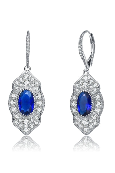 Diamond Essence leverback earrings, 3 carat each, sapphire oval cut stone surrounded by melee. 5.0 cts. t.w. in Platinum Plated Sterling Silver.