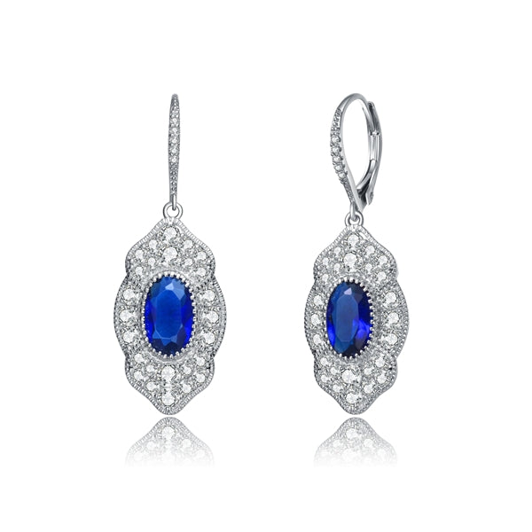 Diamond Essence leverback earrings, 3 carat each, sapphire oval cut stone surrounded by melee. 5.0 cts. t.w. in Platinum Plated Sterling Silver.