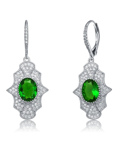 Diamond Essence leverback earrings, 2 carat each, emerald oval cut stone surrounded by melee. 4.5 cts. t.w. in Platinum Plated Sterling Silver.