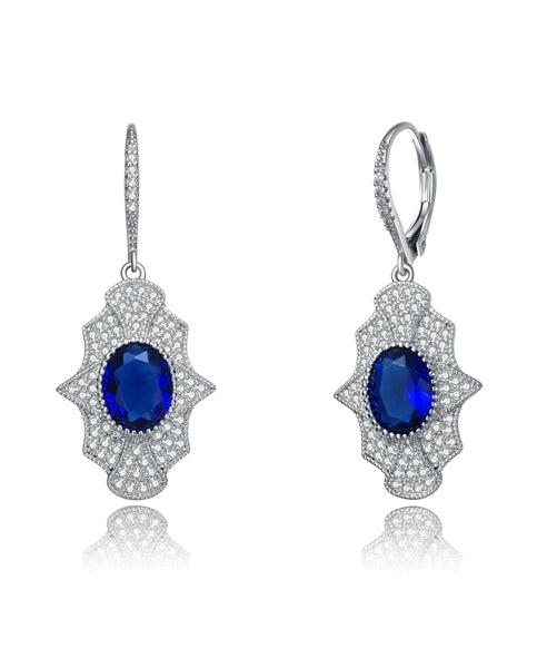 Diamond Essence leverback earrings, 2 carat each, sapphire oval cut stone surrounded by melee. 4.5 cts. t.w. in Platinum Plated Sterling Silver.