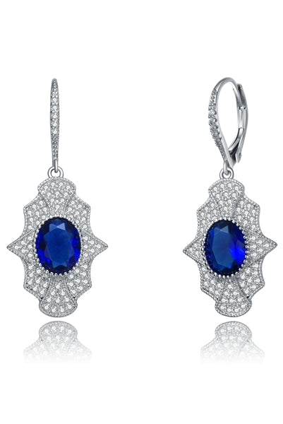 Diamond Essence leverback earrings, 2 carat each, sapphire oval cut stone surrounded by melee. 4.5 cts. t.w. in Platinum Plated Sterling Silver.
