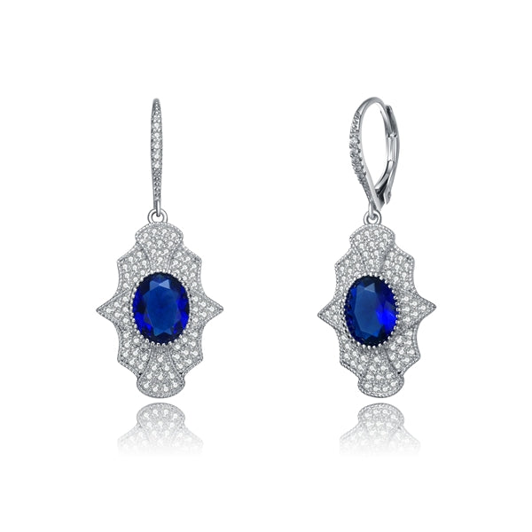 Diamond Essence leverback earrings, 2 carat each, sapphire oval cut stone surrounded by melee. 4.5 cts. t.w. in Platinum Plated Sterling Silver.