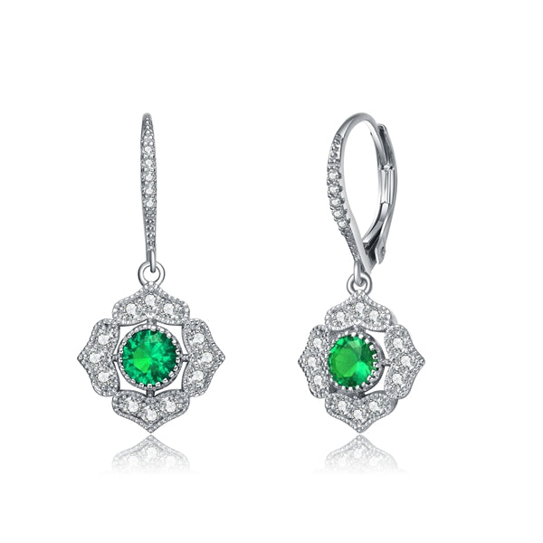 Diamond Essence leverback earrings, 0.5 carat each, round emerald stone surrounded by melee. 1.5 cts. t.w. in Platinum Plated Sterling Silver.