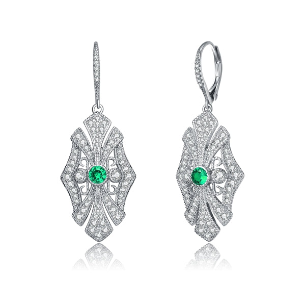 Diamond Essence leverback earrings, round emerald stone surrounded by melee. 1.0 cts. t.w. in Platinum Plated Sterling Silver.