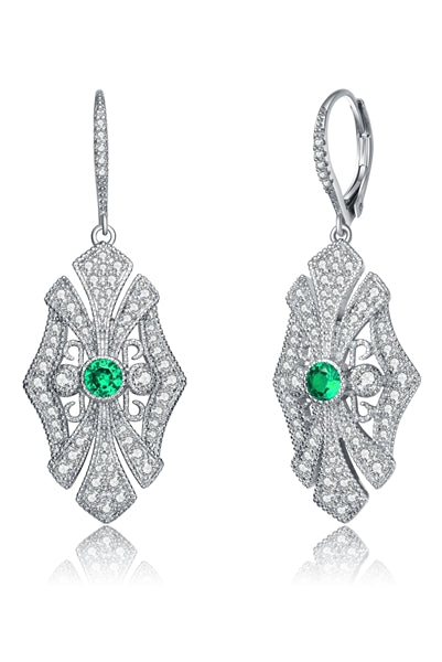 Diamond Essence leverback earrings, round emerald stone surrounded by melee. 1.0 cts. t.w. in Platinum Plated Sterling Silver.