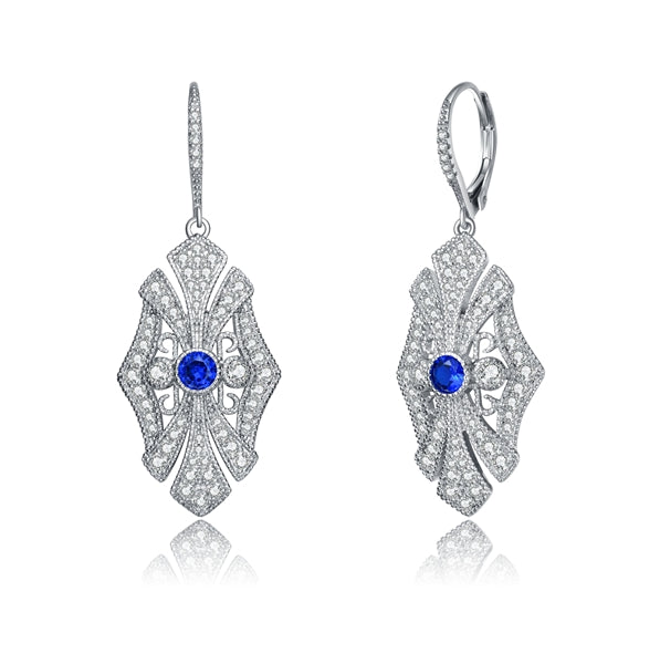 Diamond Essence leverback earrings, round sapphire stone surrounded by melee. 1.0 cts. t.w. in Platinum Plated Sterling Silver.
