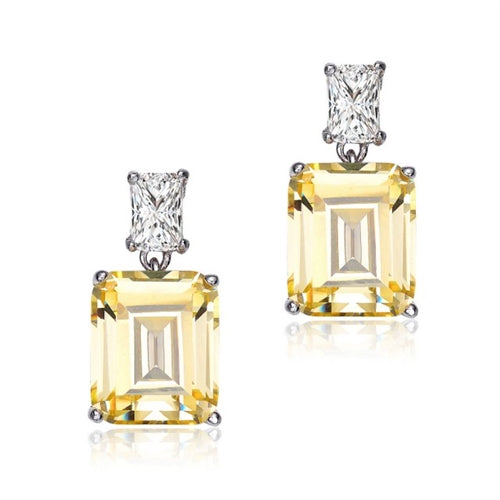 Prong Set Classic Two Stone Drop Earrings with Simulated Emerald Cut Diamond by Diamond Essence set in Sterling Silver