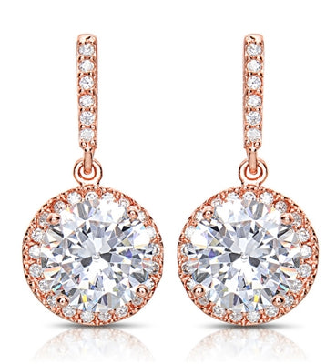 Designer Drop Earring. Diamond Essence round brilliant 4.0 carat stone set in four prongs and surrounded by melee. Hanging from bar set with melee. 10.0 cts.t.w. in Rose Plated Sterling Silver.