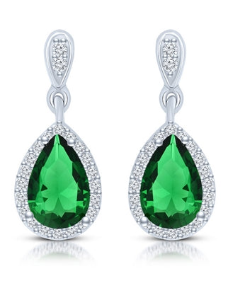 Beautiful drop earring, showing off 2.0 carat Emerald Essence Pear cut stone, each surrounded by Diamond Essence melee. 4.20 cts.t.w. set in Platinum Plated Sterling Silver.