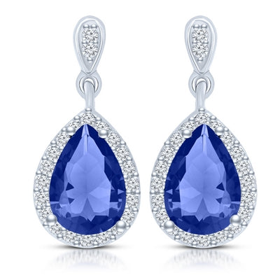 Beautiful drop earring, showing off 2.0 carat Sapphire Essence Pear cut stone, each surrounded by Diamond Essence melee. 4.20 cts.t.w. set in Platinum Plated Sterling Silver.