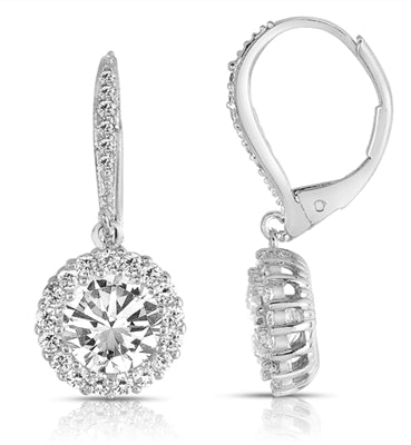 Diamond Essence leverback earrings, 1.5 carat each, round brilliant stone surrounded by melee. and melee on leverback also for additional sparkle. 4.0 cts. t.w. in Platinum Plated Sterling Silver.