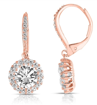 Diamond Essence leverback earrings, 1.5 carat each, round brilliant stone surrounded by melee. and melee on leverback also for additional sparkle. 4.0 cts. t.w. in Rose Plated Sterling Silver.