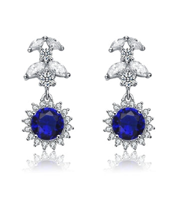 Diamond Essence Designer Drop Earrings With 1.25 Ct. Sapphire Essence Round Brilliant,Marquise Cut Stones And Melee, 5Cts.T.W. In Platinum Plated Sterling Silver.