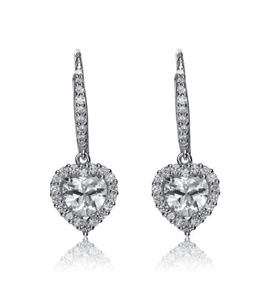 Diamond Essence leverback earrings, 1.5 carat each, Heart stone surrounded by melee. and melee on leverback also for additional sparkle. 4.0 cts. t.w. in Platinum Plated Sterling Silver.