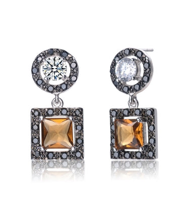 Diamond Essence Princess cut chocolate stone, 1.5 ct., outlined with onyx essence melee,. Hanging down from 0.5 ct. round brilliant Diamond Essence stone surrounded by onyx melee. Artistic creation of 6.0cts.t.w. in Platinum Plated Sterling Silver.