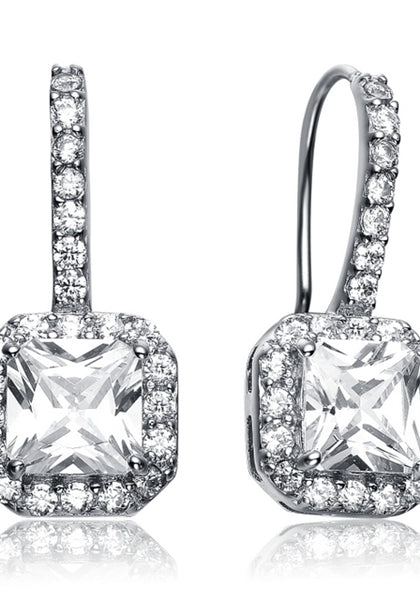 Prong Set Euro Wire Sterling Silver Earrings with Diamond Essence Princess cut and Round cut stones.
