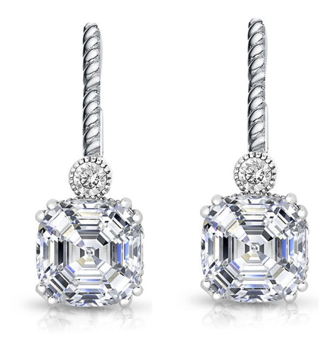 Diamond Essence Drop Earrings With Asscher Cut Stone,7 Cts.T.W. in Platinum Plated Sterling Silver.