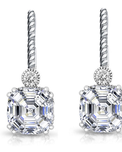Diamond Essence Drop Earrings With Asscher Cut Stone,7 Cts.T.W. in Platinum Plated Sterling Silver.
