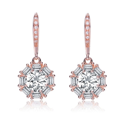Beautiful leverback earrings with 1.0 ct. Round Diamond Essence in the center and surrounded by baguettes in delicate prong settings. 4.25 cts.t.w. in Rose Plated Sterling Silver.