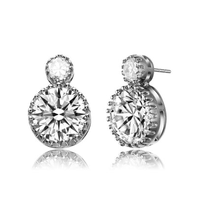 Diamond Essence Earrings With 0.5 Ct. And 5 Cts. Round Brilliant Stone Set in Crown Setting, 11 Cts.T.W. In Platinum Plated Sterling Silver.
​​Approx Size Of Earrings Is 14mm Length And 9 mm Width.