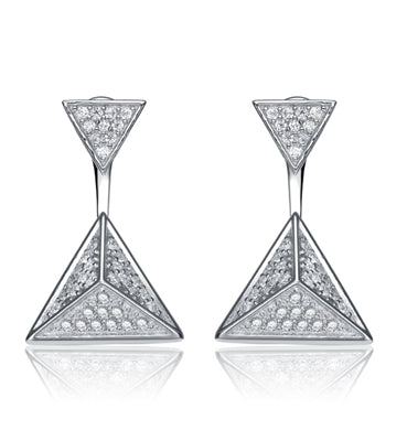 Diamond Essence Two in One Style Earrings, can wear as stud or Dangle, 0.75 Ct.T.W. In Platinum Plated Sterling Silver.