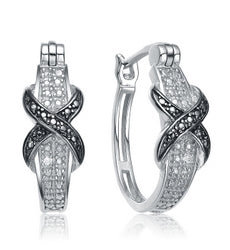 Pair Of Platinum Plated Twisted Hoop Earrings With Round Brilliant Stones Giving a Two Tone Blend With A Clip-In Lock Type.