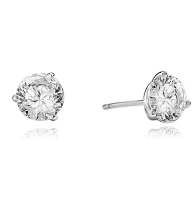 Pair of Studs in three prongs Martini Setting, Round Diamond Essence in each stud. 1.0 Ct T.W. set in Platinum Plated Sterling Silver.