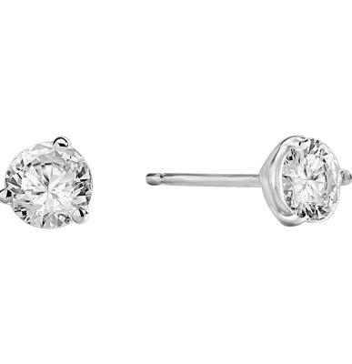 Pair of Studs in three prongs Martini Setting, Round Diamond Essence in each stud. 2.0 Cts T.W. set in Platinum Plated Sterling Silver.
