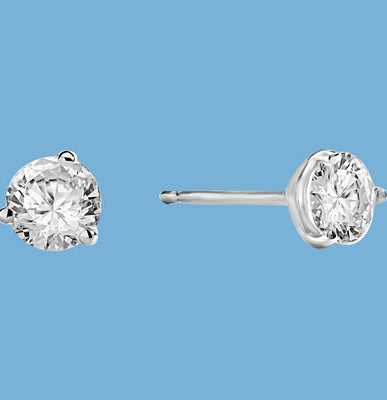 Pair of Studs in three prongs Martini Setting, Round Diamond Essence in each stud. 2.0 Cts T.W. set in Platinum Plated Sterling Silver.
