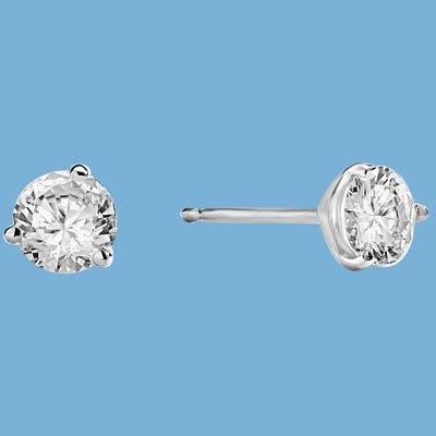 Pair of Studs in three prongs Martini Setting, Round Diamond Essence in each stud. 2.0 Cts T.W. set in Platinum Plated Sterling Silver.