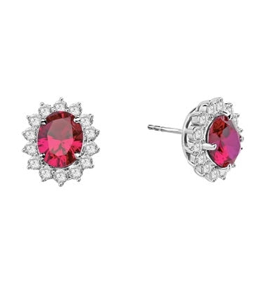 Designer Oval studs with 2.50 Cts. Ruby in center, surrounded by 14 Round Brilliant Diamond Essence Stones Appx. 6.0 Cts. T.W. set in Platinum Plated Sterling Silver.