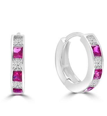 Platinum Plated Sterling Silver hoop earring with ruby diamond.