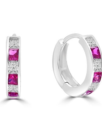 Platinum Plated Sterling Silver hoop earring with ruby diamond.