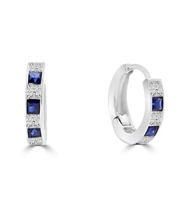 Platinum Plated Sterling Silver hoop Earring with alternate Diamond Essence and Sapphire Essence princess cut stones. 2.0 cts.t.w.