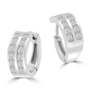 Platinum Plated Sterling Silver Huggies With Two Row Of Channel Set Princess Cut Diamond Essence Stone, 1.40 Cts.T.W.