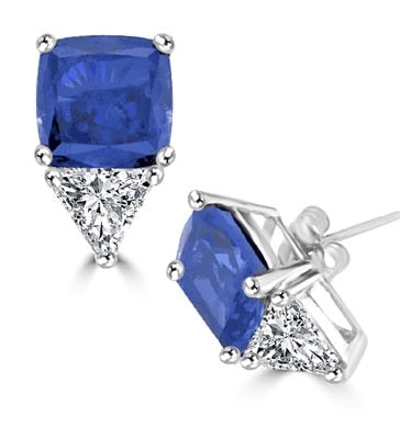 Platinum Plated Sterling SIlver Stud earring in cushion cut sapphire essence stone.