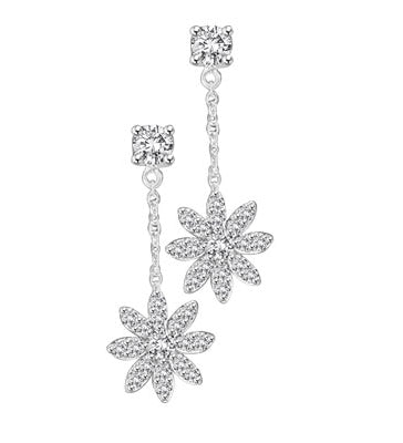 Platinum Plated Sterling Silver, 1-1/4" long dangling earring feature at each ear, a meltingly beautiful snowflake made up of delicate round cut Diamond Essence masterpieces drifting down from round brilliant cut stones at the top. 2.20 cts.t.w.