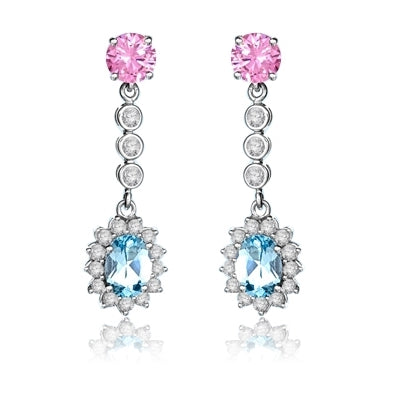 A beautiful designer dangling. 1.5 ct. oval Blue Topaz essence surrounded by round brilliant melee, and 1 ct. round Pink Essence are connected by bezel set round stones. 6 cts.t.w. in Platinum Plated Sterling Silver.