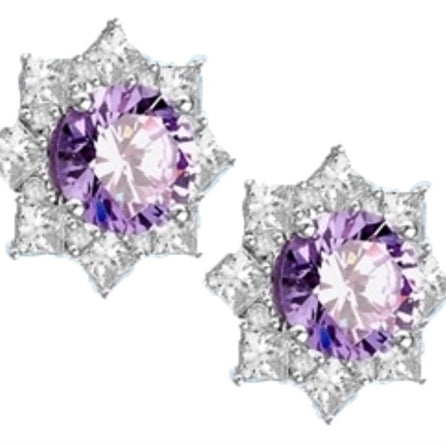 Floral Earrings with 3.5 Cts. Round Lavender Essence in center surrounded by Princess cut Diamond Essence and Melee. 6.5 Cts. T.W. set in Platinum Plated Sterling Silver.