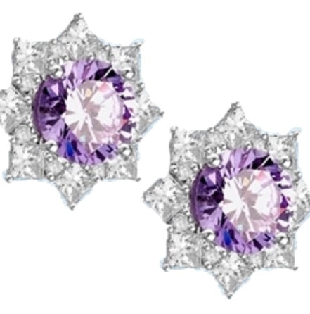 Floral Earrings with 3.5 Cts. Round Lavender Essence in center surrounded by Princess cut Diamond Essence and Melee. 6.5 Cts. T.W. set in Platinum Plated Sterling Silver.